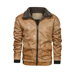 Mens Casual Winter Motorcycle Windproof Genuine Leather Jacket