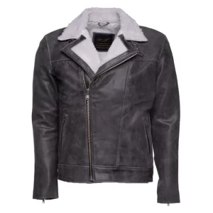 Vintage Grey Biker Leather jacket with Sherpa lining-01