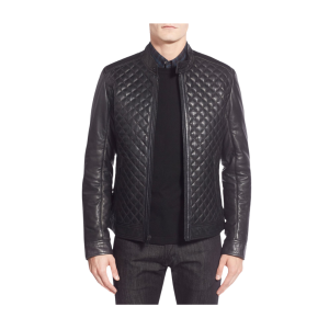 Quilted Black and Blue Leather Biker Jacket-01