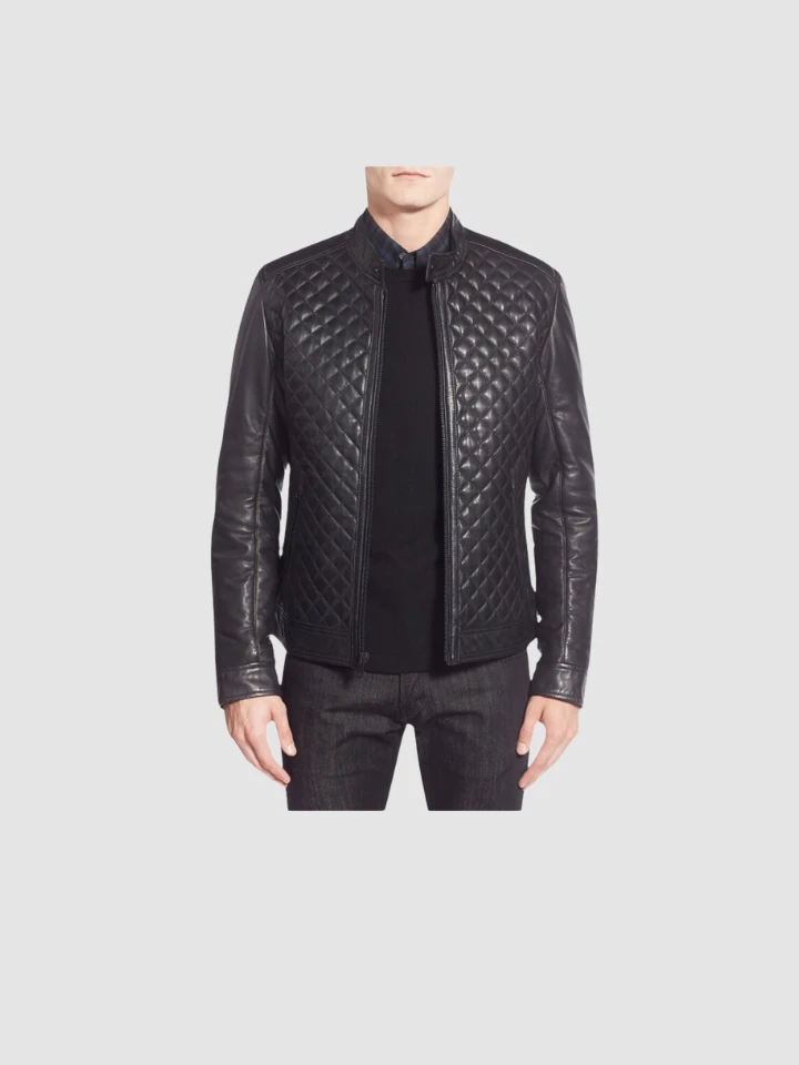 Quilted Black and Blue Leather Biker Jacket-01